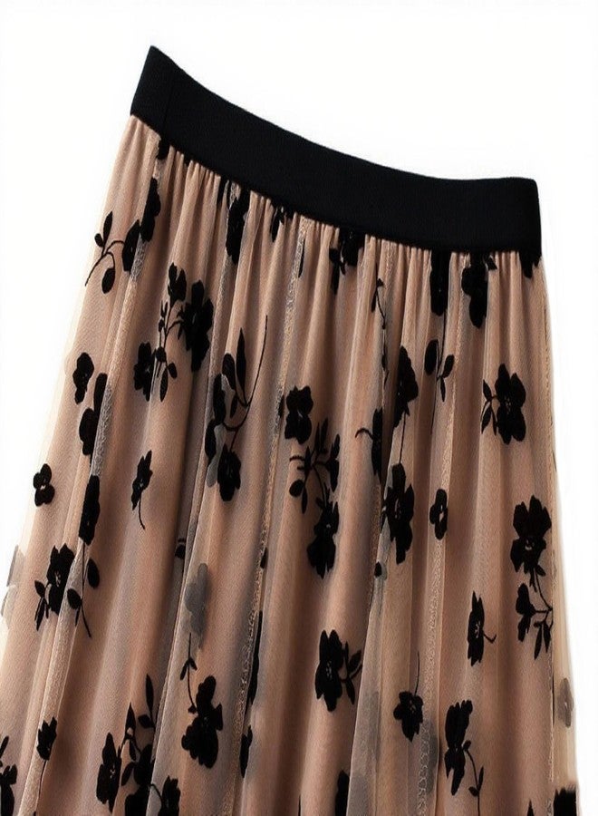 CHARTOU Women's Elastic High Waist Tulle Ruffle Pleated A-Line Swing Midi Skirt (Small, Khaki) - Image 2